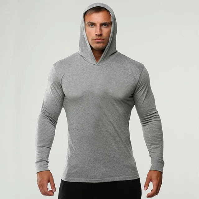 New Long Sleeve Shirts Fitness Hoodies Quick Dry Pullover Solid Mens