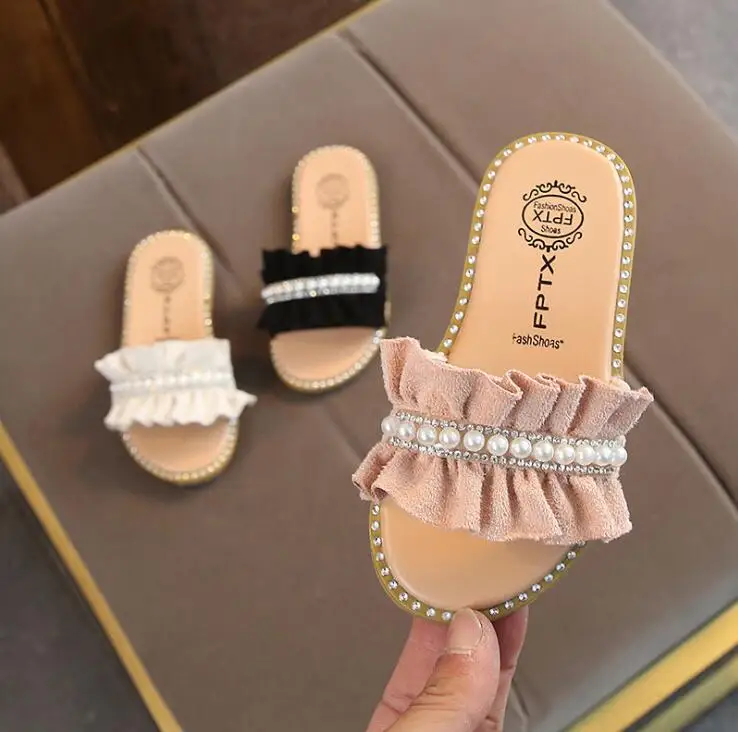 Kids Slippers for Girls Pearl Sandals Summer Baby Slippers Flat Princess House Flip Flop Children Non-slip Korea Casual Shoes
