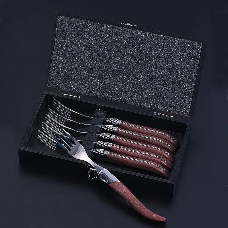 Стиль Laguiole из нержавеющей стали нож для стейка/вилка с ручкой из палисандра 6 шт 8,7 ''набор столовых приборов упакован в деревянной коробке - Цвет: 6 Fork