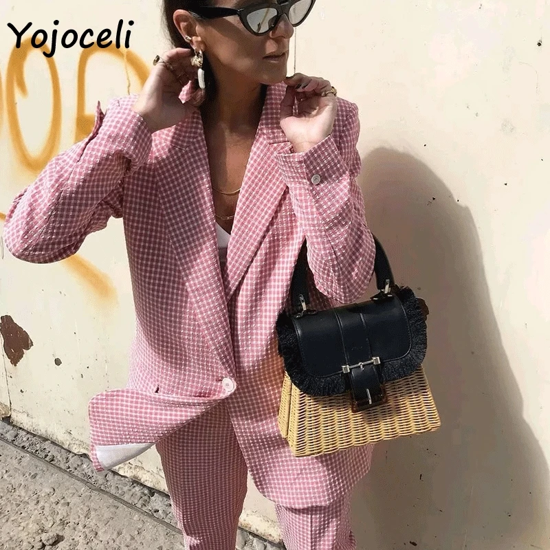 Yojoceli, розовые клетчатые блейзеры, пальто для женщин, уличная одежда, двубортные блейзеры, куртки, женские уличные Топы