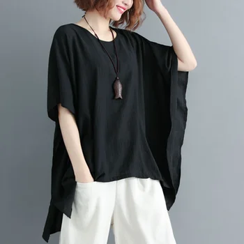

Mferlier Women Blouse Plus Size 8XL O Neck Short Sleeve Solid Loose Casual Khaki Black Irregular Hem Ladies Thin Summer Top