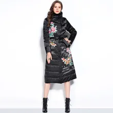 Зимняя куртка, женский пуховик, китайский стиль, вышивка цветами, тонкий женский пуховик, тонкая длинная парка, верхняя одежда