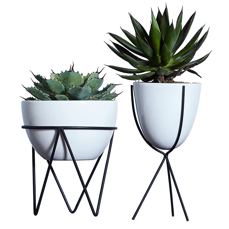 

2017 Hydroponic Ceramic Whiteware Flowerpot With Artistic Iron Shelf Succulent Planter Indoor Desktop Decoration