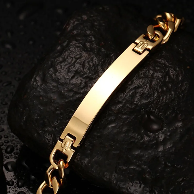 Love & Freedome Stainless Steel Mens ID Bracelets Bangle Gold Color Curb Link Chain Spring Closure Customize Name Date Info Male Boy
