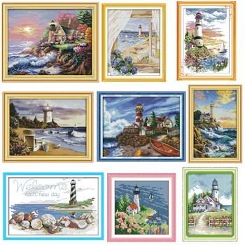 The Seaside Lighthouse Paintings Counted Printed On Canvas 14CT 11CT DMS Cross Stitch Pattern Embroider kits DIY Needlework Sets