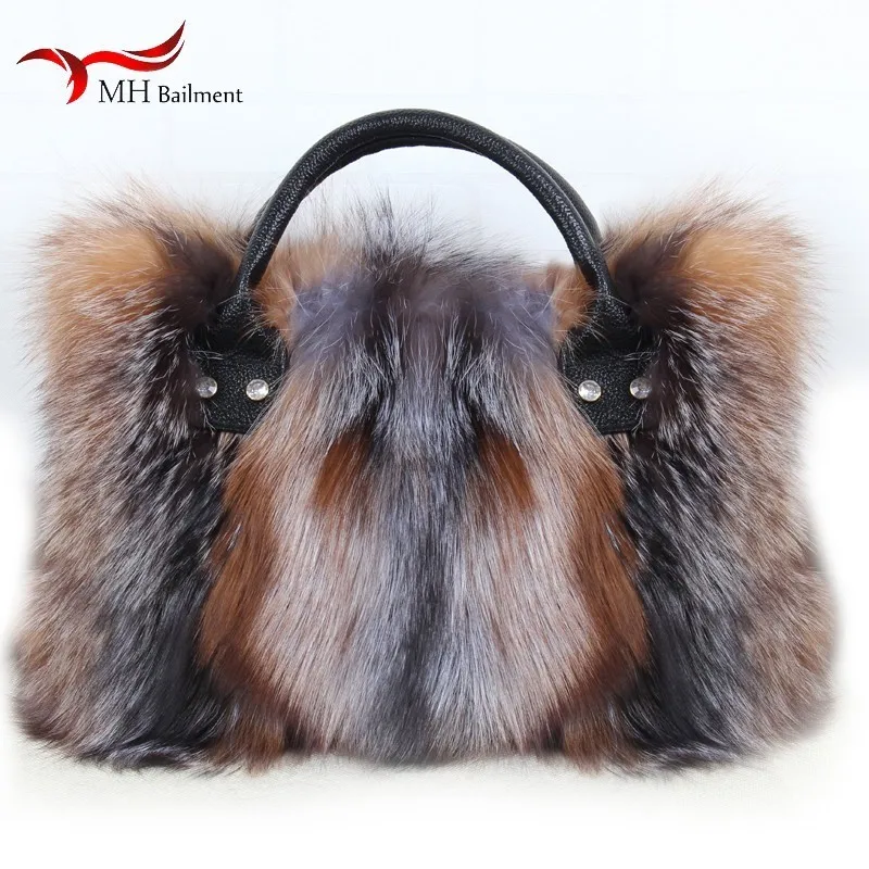 

New fashion leather grass bag 100% high quality fox fur single piece bag pull edge bag furry women bag shopping essential bag B2