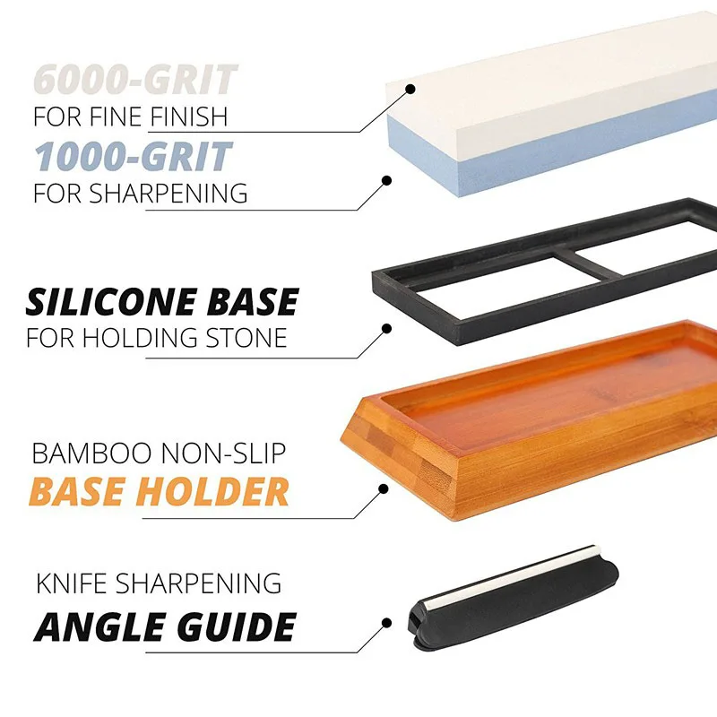 Knife Sharpener Stone Double Side grit whetstone for Kitchen sharpening tool bamboo base Sharpener Angle Guide1000/6000
