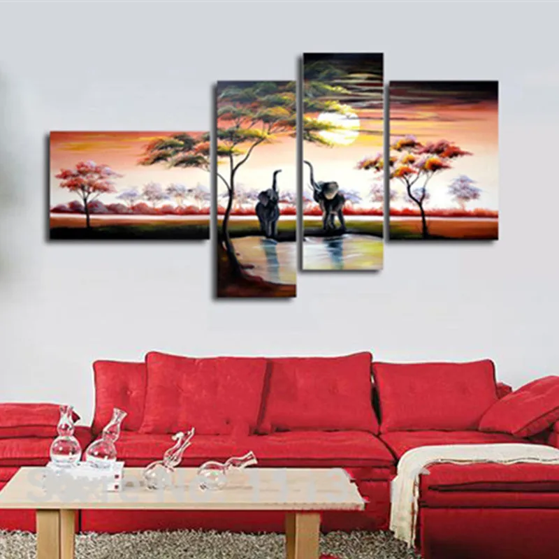 

Handpainted Abstract African Elephant Tree Landscape Oil Painting Handmade 4 Panel Canvas Paintings Pictures Home Decor Wall Art