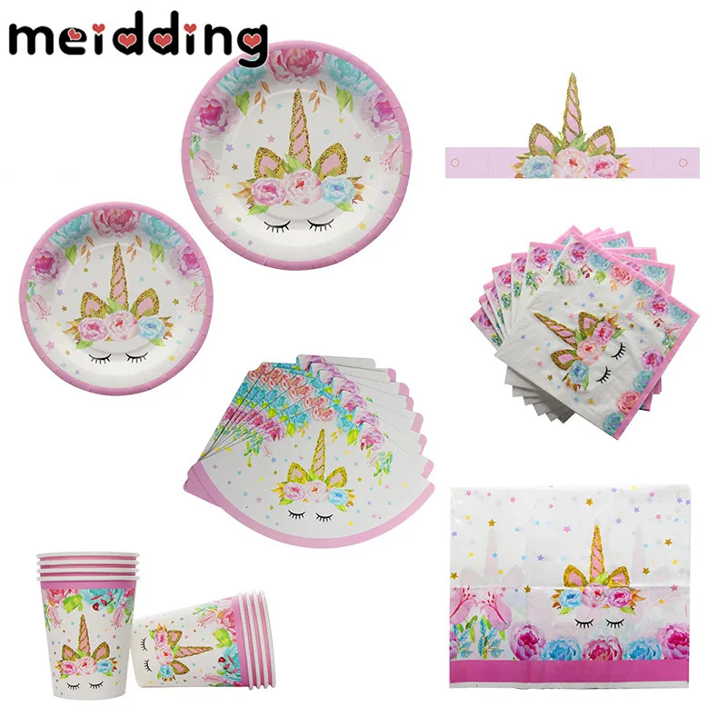 

MEIDDING Unicorn Party Tableware Kit Paper Cup Napkin Plate Unicornio Hat Birthday Decoration Kids Baby Shower Party Supplies