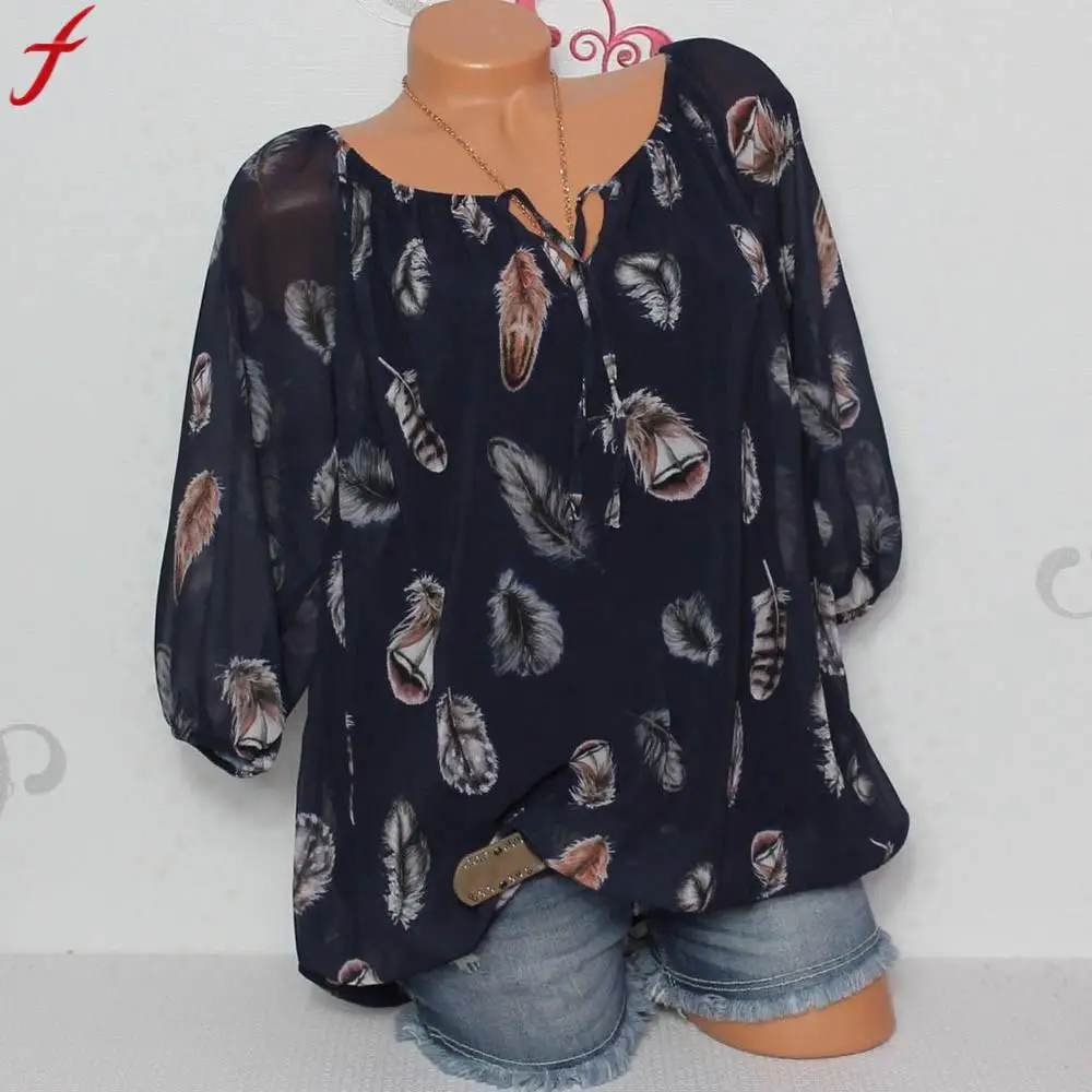 

Plus Size Chiffon Blouse Women 2019 Fashion Half Sleeve Feather Print Big Size Tunic Tops Sexy V-neck Blouse And Top Shirt blusa