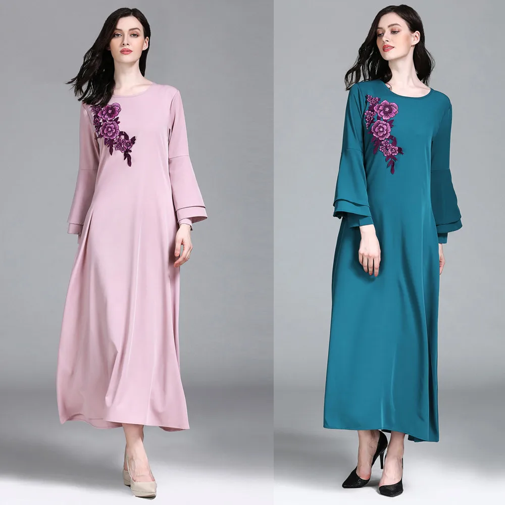Женское платье мусульманские исламские женщины чистый цвет вышивка плюс размер
