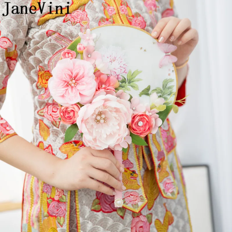 

JaneVini Pink Wedding Flower Bouquet Chinese Style Fan Bridal Flowers Bouquets Peony Cover Face Gold Beaded Pearl Red Bride Fans