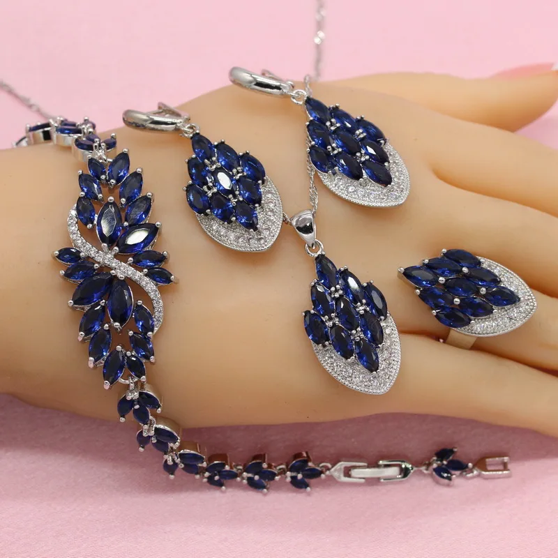 Королевский синий многоцветный Кубический Цирконий 925 серебряные ювелирные наборы для женщин серьги ожерелье кулон кольцо браслет бесплатный подарок коробки