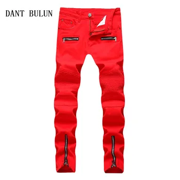 

2020 Mens Hi Street Biker Jeans Pants With Ankle Zipper Straight Skinny Stretch Red White Black Motorcycle Denim Trousers