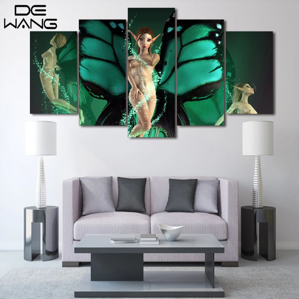 5 Pieces Canvas Wall Art HD Printed Green Wing Nude Girl Painting Print Picture Living Room Home Decor Angle | Дом и сад