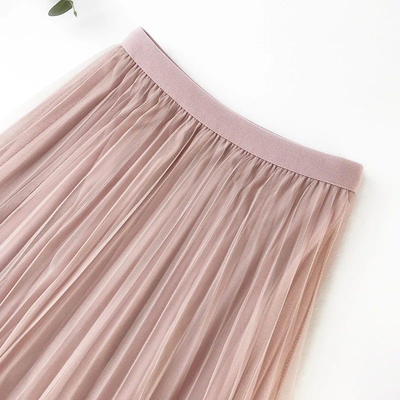 TIGENA весна лето элегантная длинная Макси кружевная юбка с тюлем Женская корейская мода трапециевидная Высокая талия плиссированная сетчатая Юбка Розовая солнце