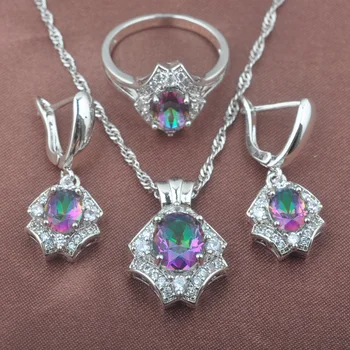 

Mystic Rainbow Fire Australian Crystal Silver Color Jewelry Set For Women Wedding Jewelry Earrings/Pendant/Necklace/Rings TZ0579