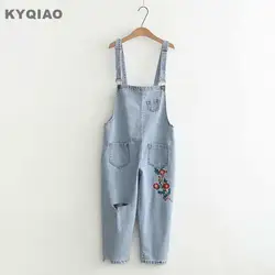 KYQIAO для женщин комбинезон джинсы для 2019 Мори девочек осень весна Япония стиль свежий Этническая Вышивка рваные джинсы на подтяжках