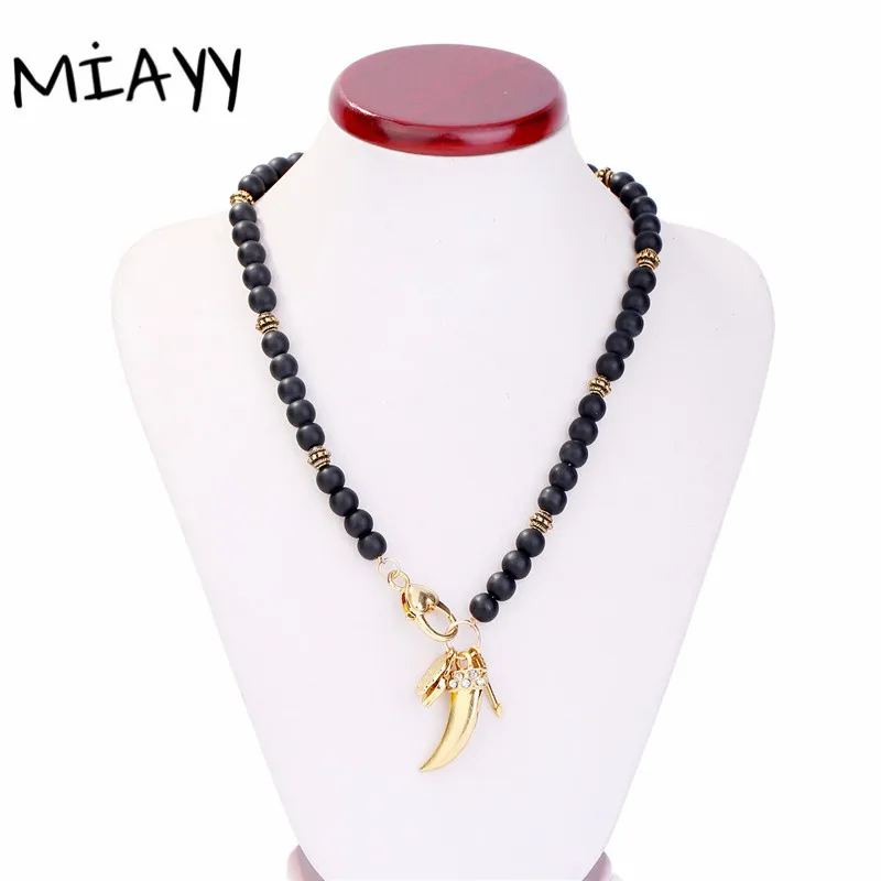 

Hiphop plated Wolf Teeth Man's Pendant Necklace Rock Black Wooden Bead Rosary Chokers Necklace Jewerly For Men Couple Necklace