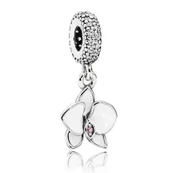 925 стерлингового серебра DIY Ювелирные изделия белый и фиолетовый цветок Орхидея качающаяся подвеска Pandora браслет