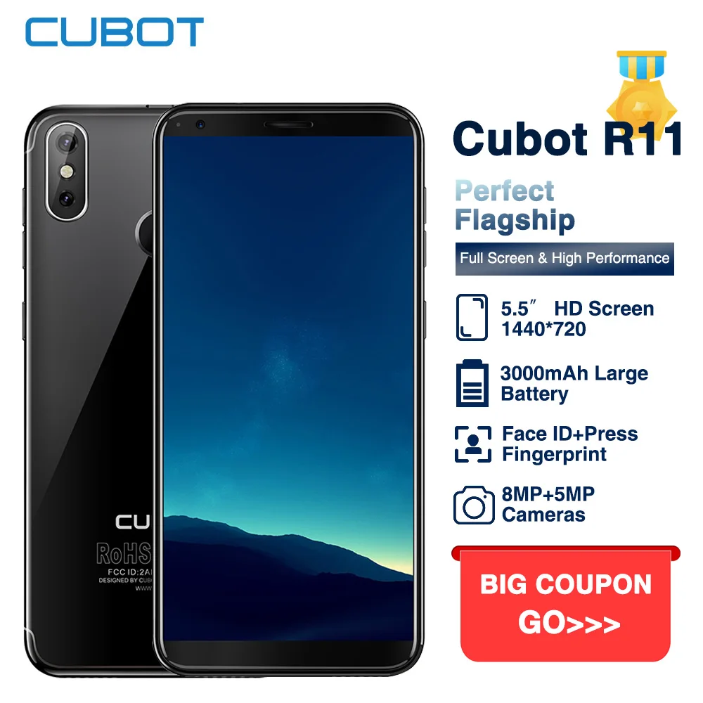 

Cubot R11 18:9 5.5'' HD Screen Mobile Phone Android 8.1 MT6580 2800mAh big battery Dual Back Cameras 2GB RAM 16GB ROM Smartphone