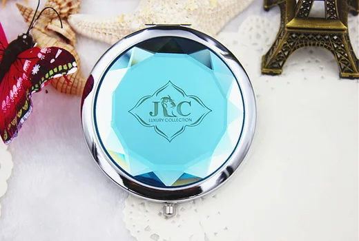 100pcs Lot font b Customized b font LOGO Blue Crystal Compact Mirrors font b Wedding b