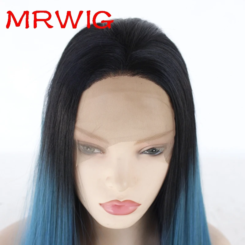 MRWIG 26in 150%Denstiy 8in Black Hair Color 1b# Black Ombre Mixed-Blue Color Free Part Synthetic Glueless Lace Wig