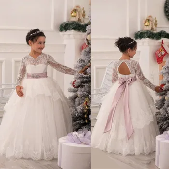 

Lace Long Sleeve Floor Length Ball Gown Bowknow Sash Little Princess Flower Girl Dresses for Wedding Party Pageant Custom Made