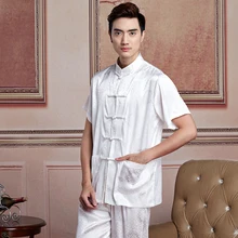 Летние повседневное белый китайский для мужчин атласная рубашка Винтаж Кунг Фу воротник стойка Размеры M, L, XL, XXL, XXXL MNS01-1