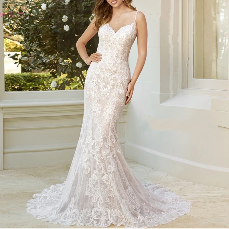 

Elegant Spaghetti Straps Mermaid Wedding Dresses 2019 New Lace Appliqued with Tulle Bridal Gowns Sexy Backless vestido de noiva