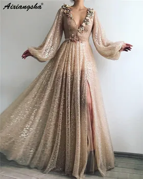 

Sexy New Gold Evening Dresses Long Sequin A-Line Sleeve Deep V-Neck Split Floor Length Evening Dress Formap Party Dresses