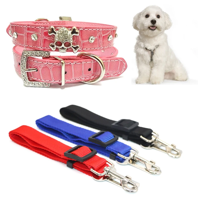 1pcs Adjustable Dog Car Safety Belt Nylon Dog Leash+1pcs PU Leather