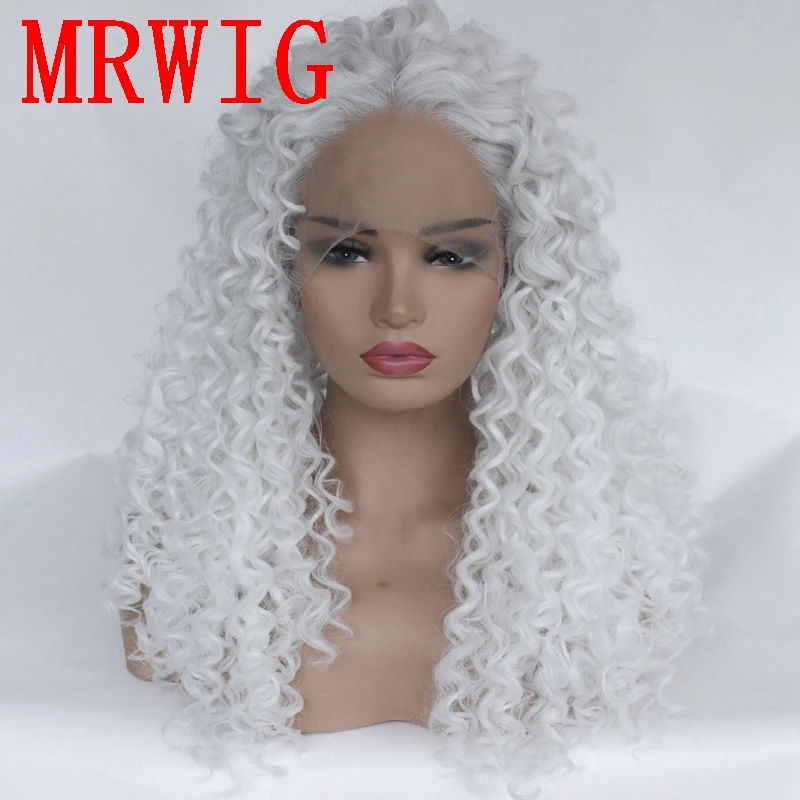 MRWIG white hair color synthetic kinky curly lace front wig middle part 26in 180%density cosplay hair wig
