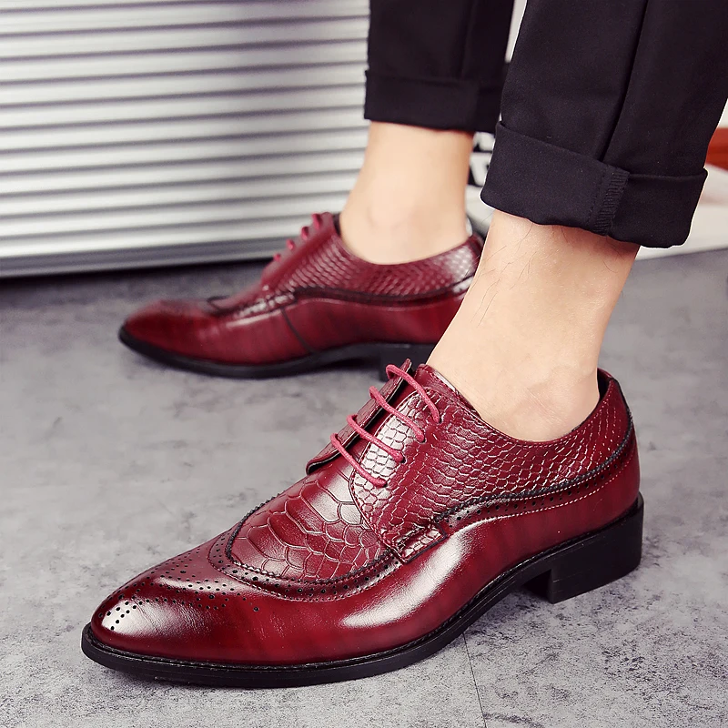 men formal shoes leather luxury brand snake fish skin pointed toe dress footwear male office italian brogue oxford shoes for men (23)
