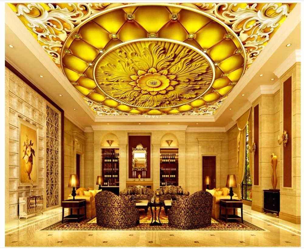 カスタム3d天井壁画壁紙装飾ゴールドと豪華なサークル家の装飾3d壁の壁画ルームの壁紙 Wallpapers Aliexpress
