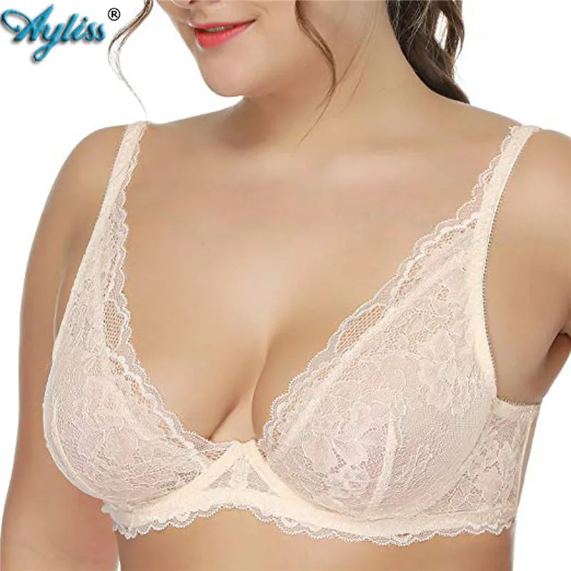 

Ayliss 1pc Apricot Cream Women's Sexy Sheer Lace Bra Low-Cut Plunge Unlined Underwire Bra with Deep V