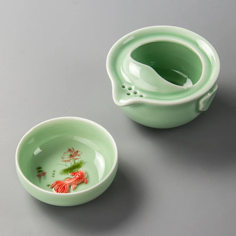 Дизайн зеленый керамический 3D Карп gaiwan чайный набор Celadon элегантный чайный набор кунг-фу включает в себя 1 горшок 1 чашка, красивый легкий чайник