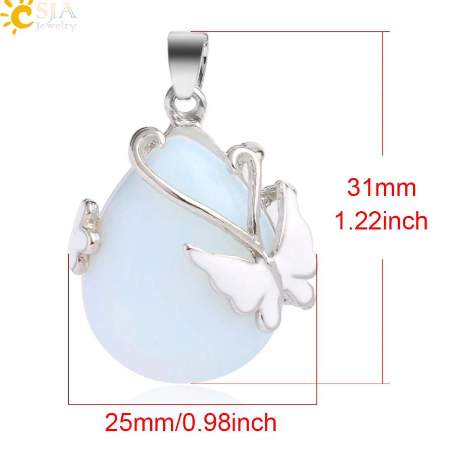 CSJA Water Drop Natural Stone Pendant Pink Quartz Purple Crystal Tiger Eye Butterfly Flower Pendants Necklace for Women Men G082
