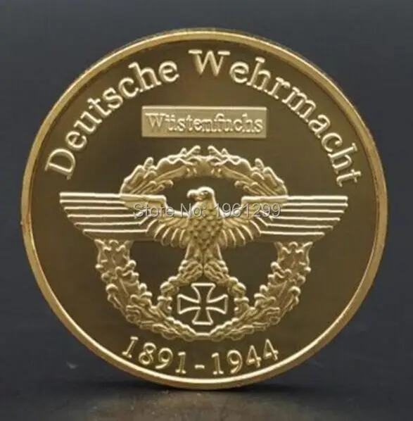 Сувенирная монета времен Второй мировой войны немецкая Erwin Rommel Marshal 24K
