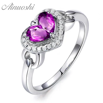 

AINUOSHI Natural Amethyst Heart Halo Ring 1ct Pear Cut Gem Pure 925 Silver Heart Ring Trendy Engagement Party Jewelry Women Ring