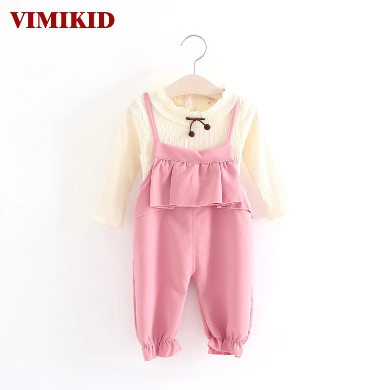 

VIMIKID 2017 new Spring and Autumn o-neck flouncing long-sleeve T-shirt + Suspenders trousers baby girl dress children clothing