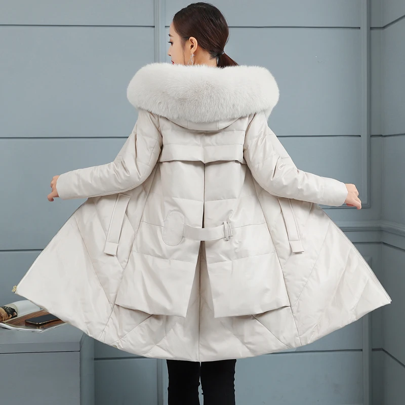 2018 New Leather Down Jacket Women Long Parka Winter Fashion Sheep Leather Fox Fur Hooded Feminino Outerwear