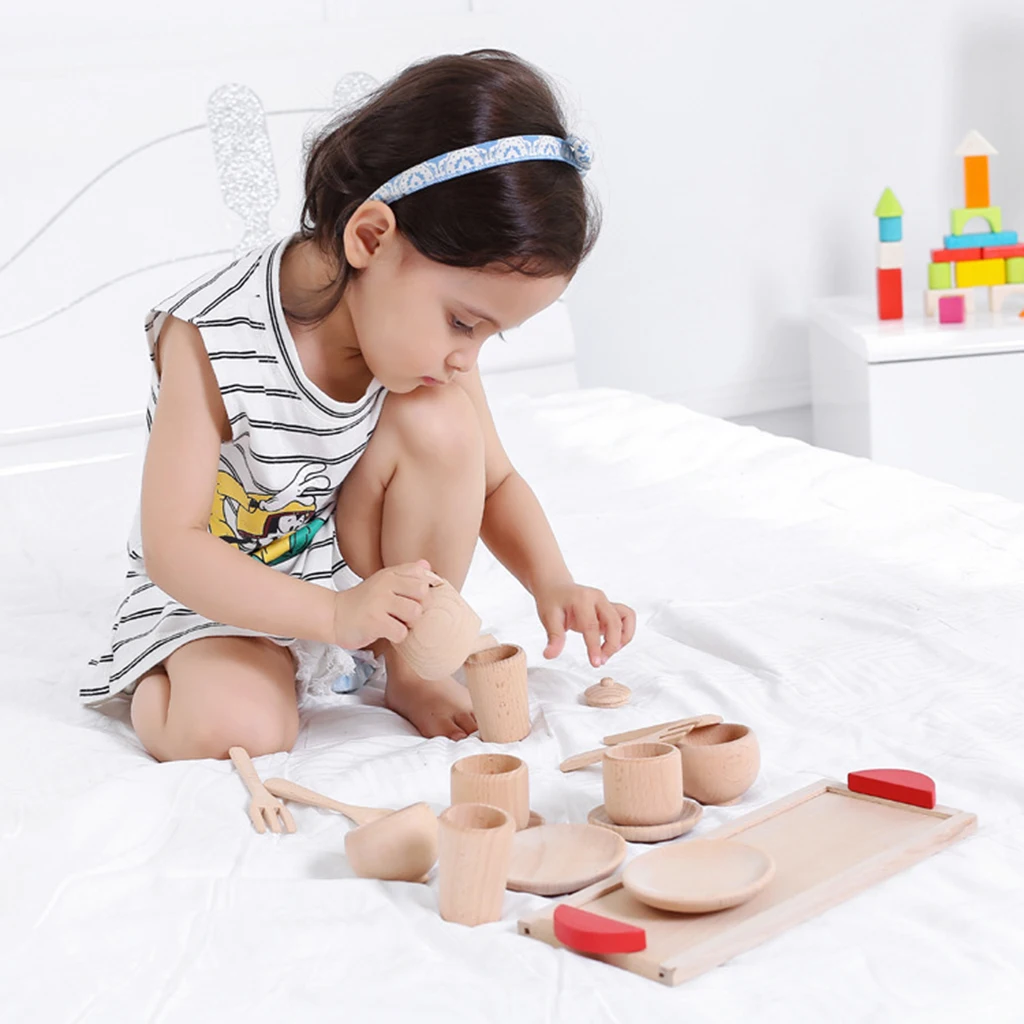 Wooden Tea Set - Tea Pot Tea Cup Teatime Play Toy Kitchen Accessories Kids Toys