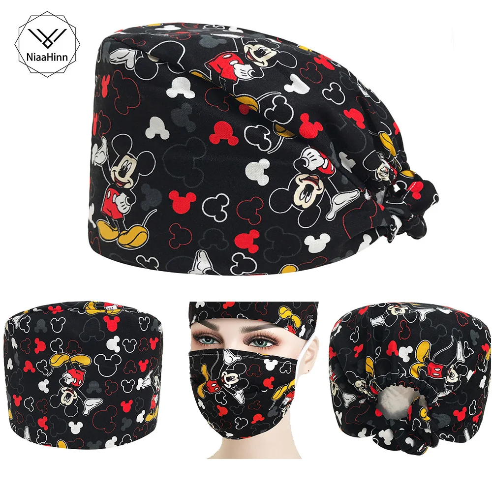 

Black Mice Print Surgical Caps Nursing Work Hat Medical Scrub Cap Adjustable Dentist Working Hats Factory delivery