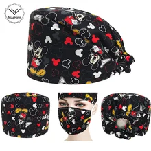 Gorros quirúrgicos con estampado de ratones negros, gorro de trabajo de enfermería, gorro exfoliante médico, gorros de trabajo de dentista ajustables, entrega de fábrica