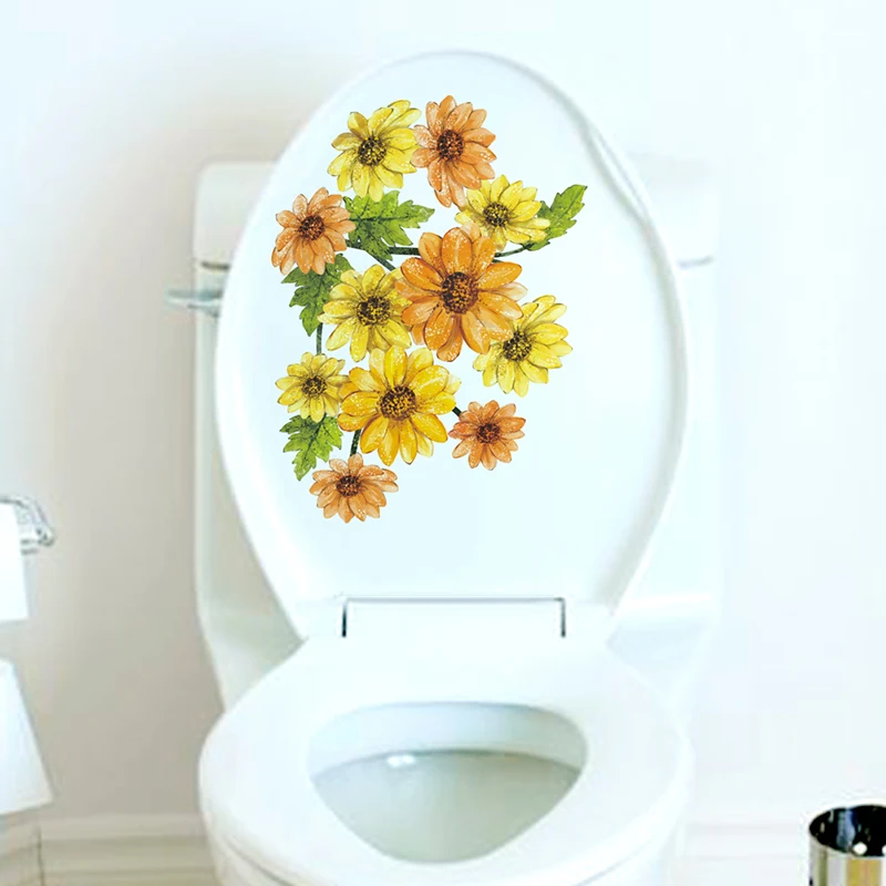 Chrysanthemum Wall Stickers For Toilet Bathroom Decoration Accessories Home Kitchen Room Cupboard PVC Decor Mural Wall Art Decal