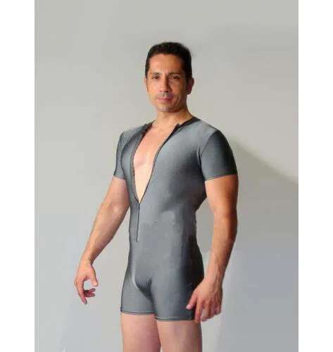 

Adult Gray Short Sleeve Sexy Front Zipper Catsuit Jumpsuit Male Zentai Second Skin Tight Bodysuit