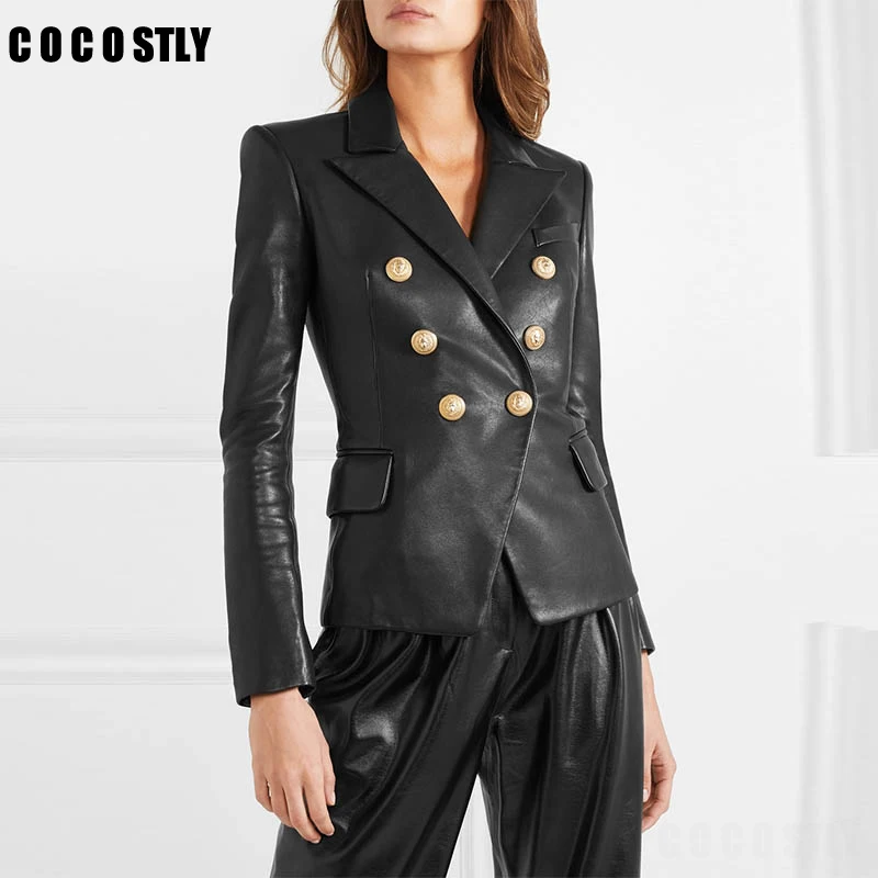 

2019 Faux Leather Jackets Women's Coat Designer Lion Metal Buttons Double Breasted Synthetic Motorcycle Leather jacket Outerwear