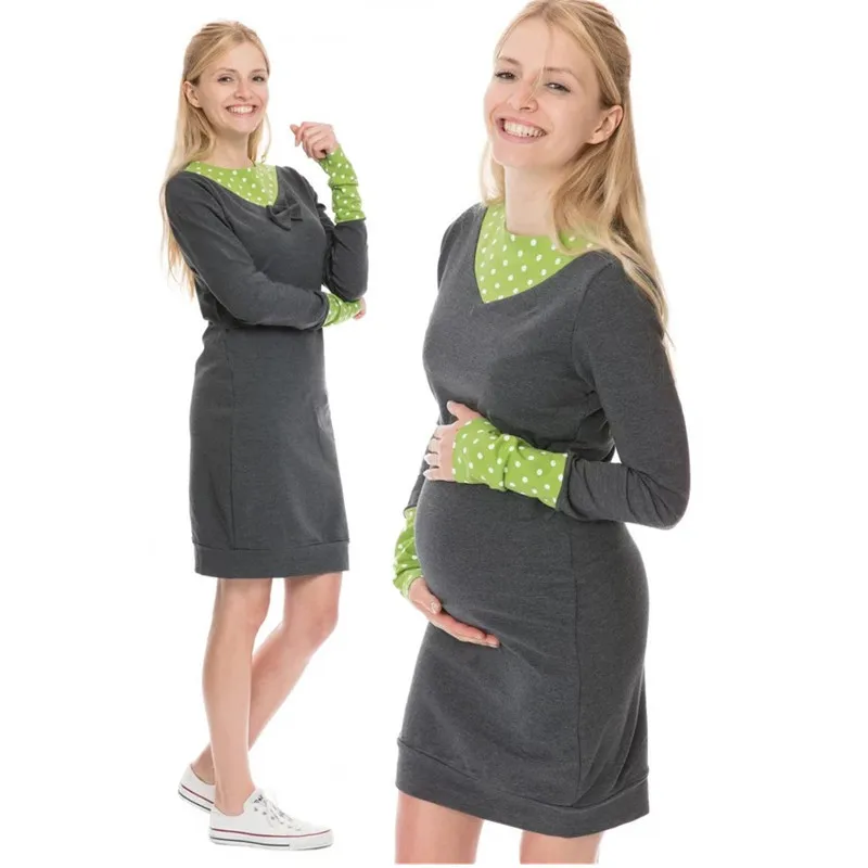 

Maternity Lactation Dress Pregnant Breastfeeding Sweater Dress Nursing Suit-dress Spelling Color Long Sleeve Pregnancy Clothes