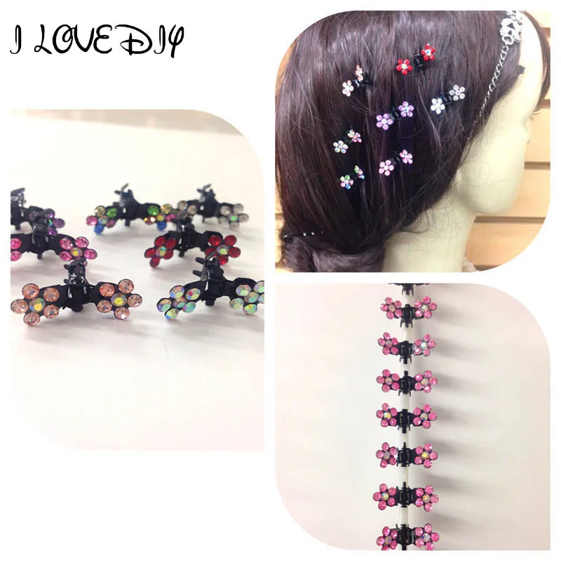 6pcs/ Lots Girls Sweet Crystal Rhinestone Flower Mini Hair Claws Clips